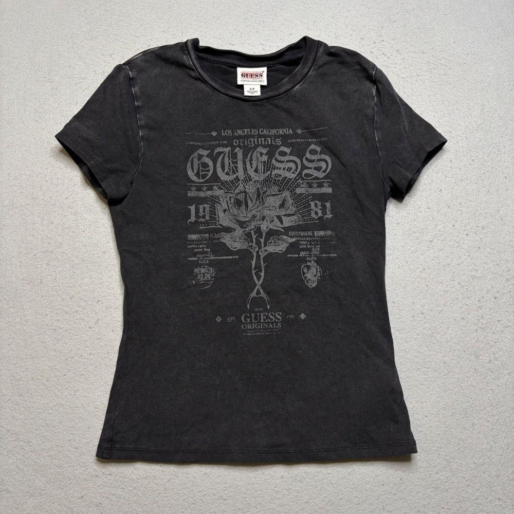 Guess T-Shirt Women Small Black Originals Los Angeles Rose Graphic Y2K Tee